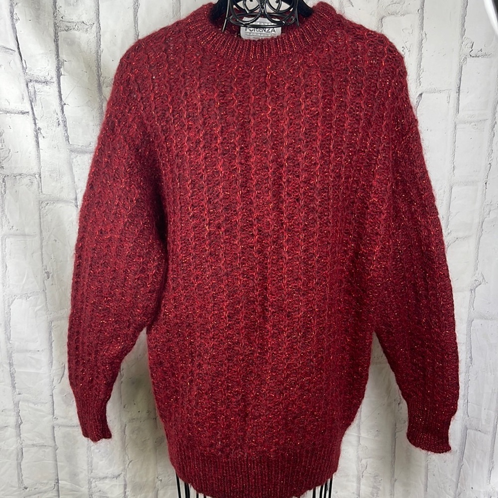 Forenza Mohair Blend Sweater Red Metallic Threads Loose Weave High Crew Neck
